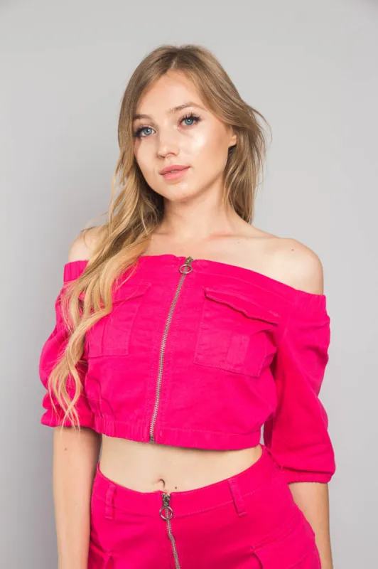 Neon Off the Shoulder Cropped Jacket sold by G-Style USA