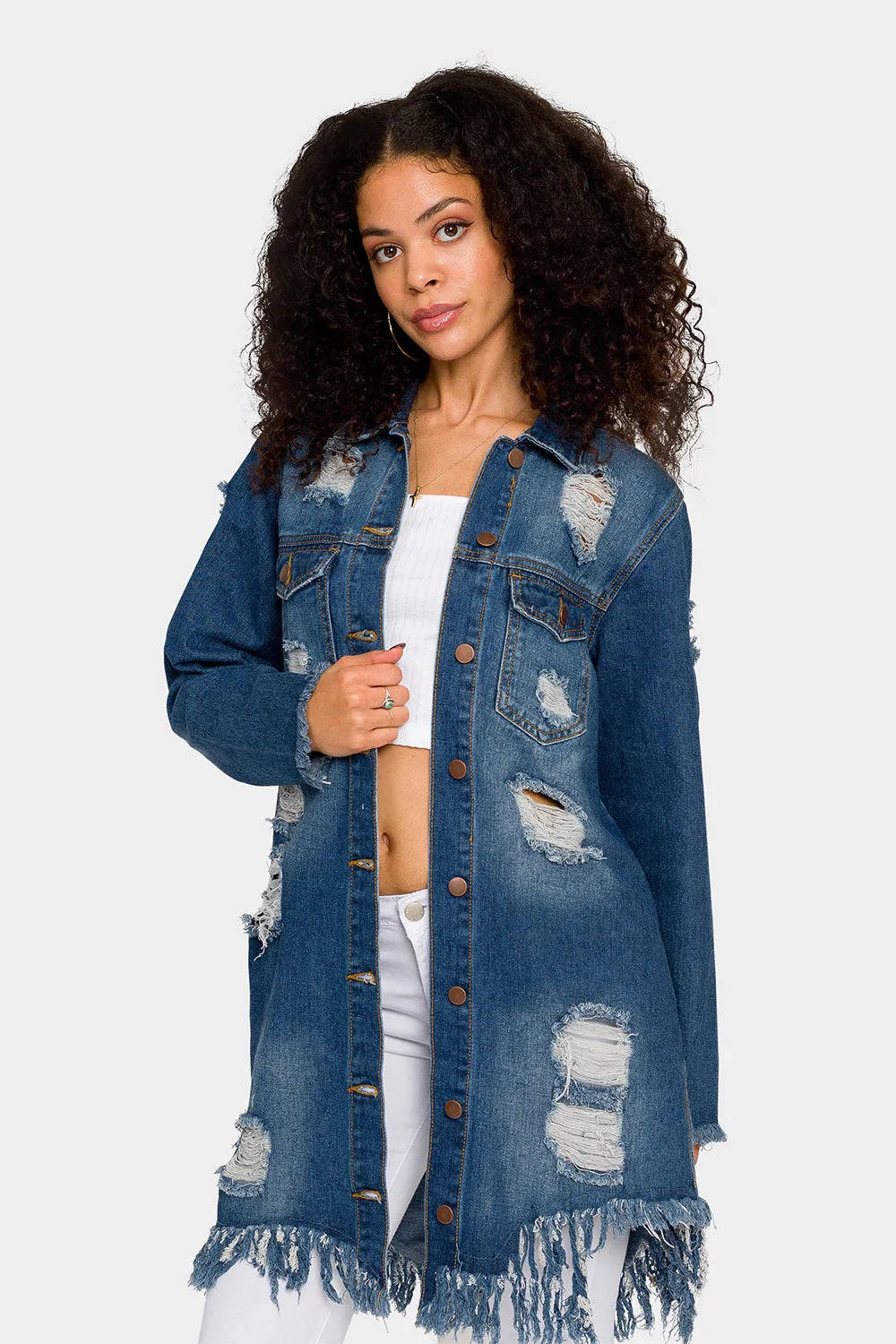 Long Distressed Denim Jean Jacket sold by G-Style USA