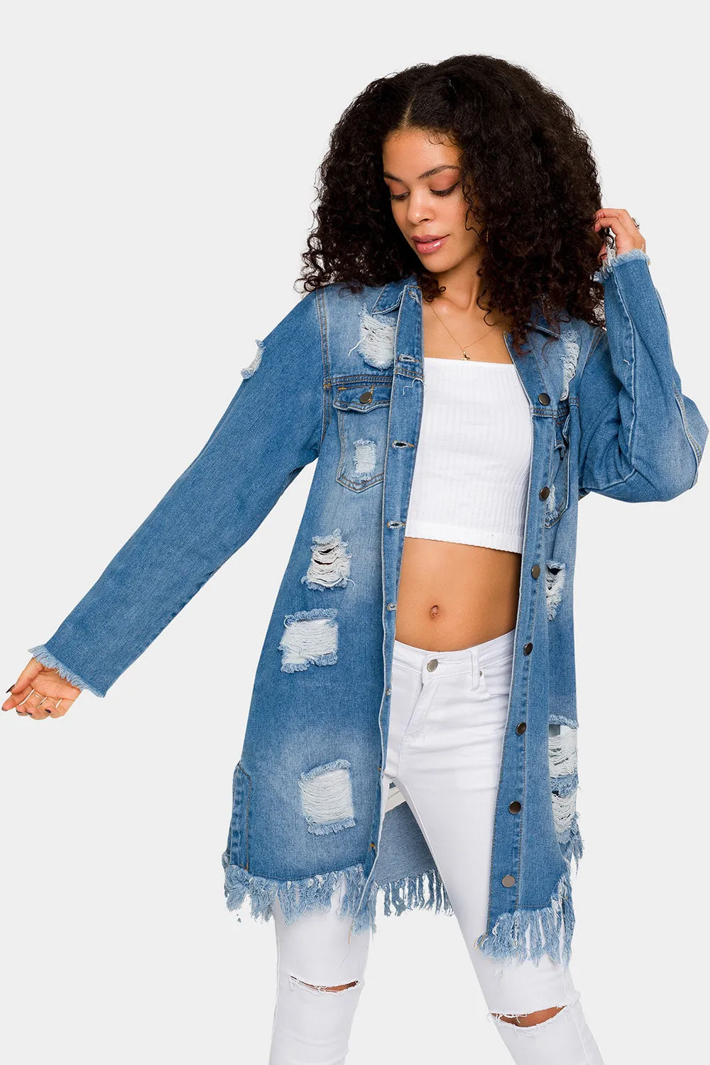 Long Distressed Denim Jean Jacket sold by G-Style USA product image thumbnail 2