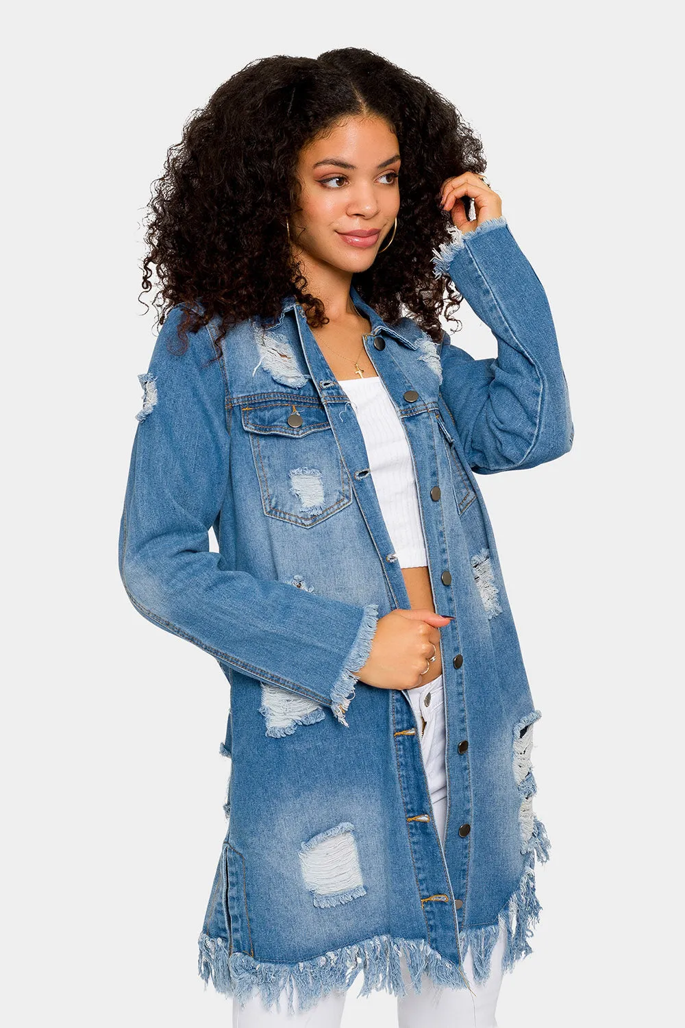 Long Distressed Denim Jean Jacket sold by G-Style USA product image thumbnail 5