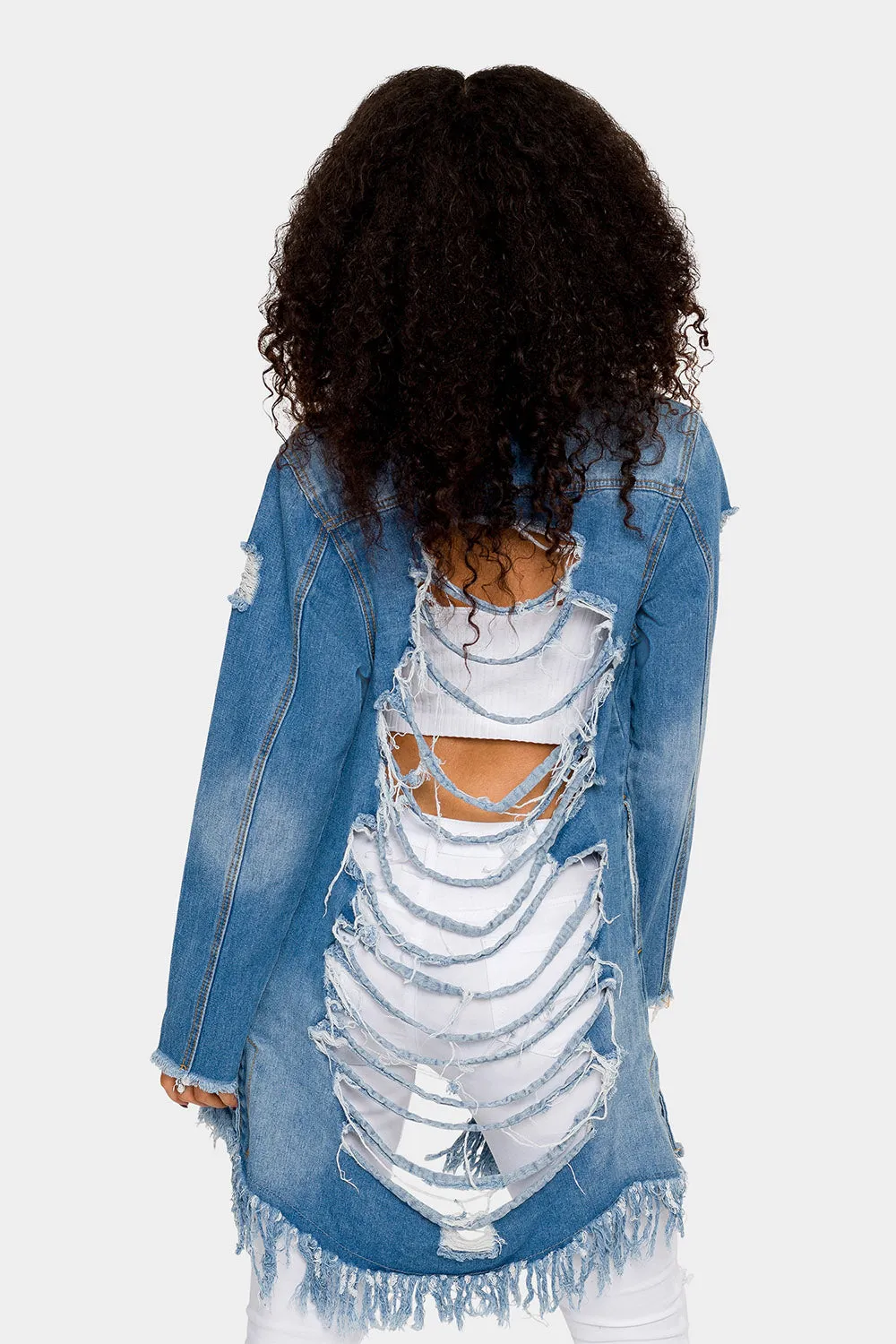Long Distressed Denim Jean Jacket sold by G-Style USA product image thumbnail 4