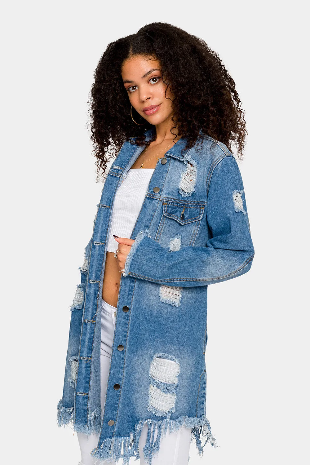 Long Distressed Denim Jean Jacket sold by G-Style USA product image thumbnail 3