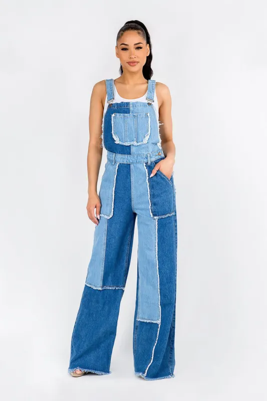 Women's Patchwork Wide Fit Edge Cut Denim Overalls sold by G-Style USA