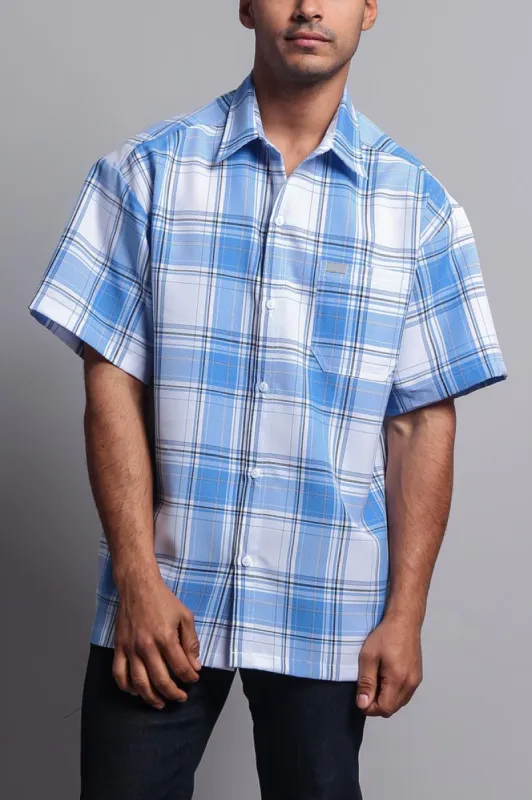 Western Casual Plaid Short Sleeve Button Up Shirt (White/Sky) sold by G-Style USA