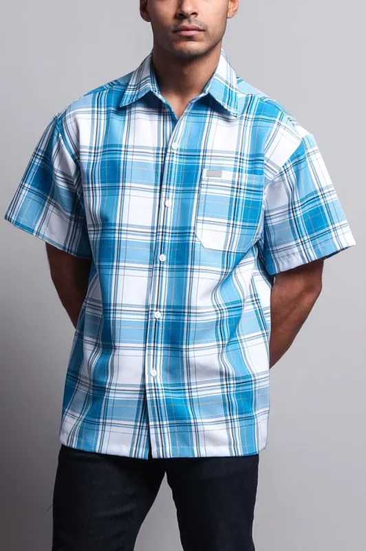 Western Casual Plaid Short Sleeve Button Up Shirt (White/Turquoise) sold by G-Style USA