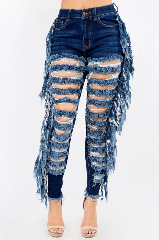High Waist Cut Out Fringe Jeans sold by G-Style USA