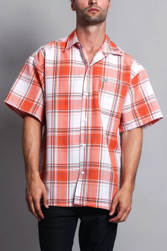 Western Casual Plaid Short Sleeve Button Up Shirt (White/Orange) sold by G-Style USA