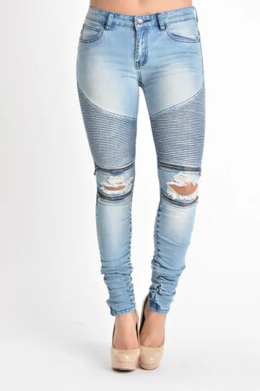 Women's Biker Style Ripped Zip Rider Jeans made by American Bazi