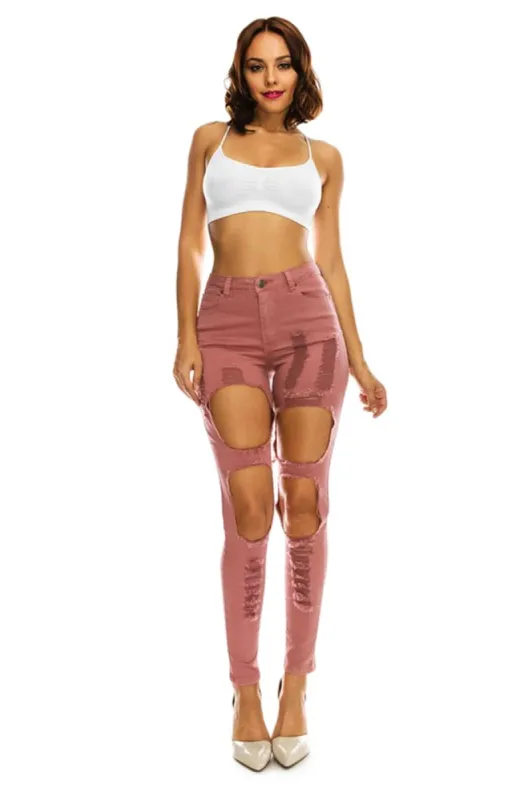 Women's High Rise Destroyed Twill Denim Jeans made by American Bazi