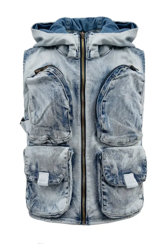 Men's Multi Pocket Backpack Denim Hooded Cargo Vest sold by G-Style USA