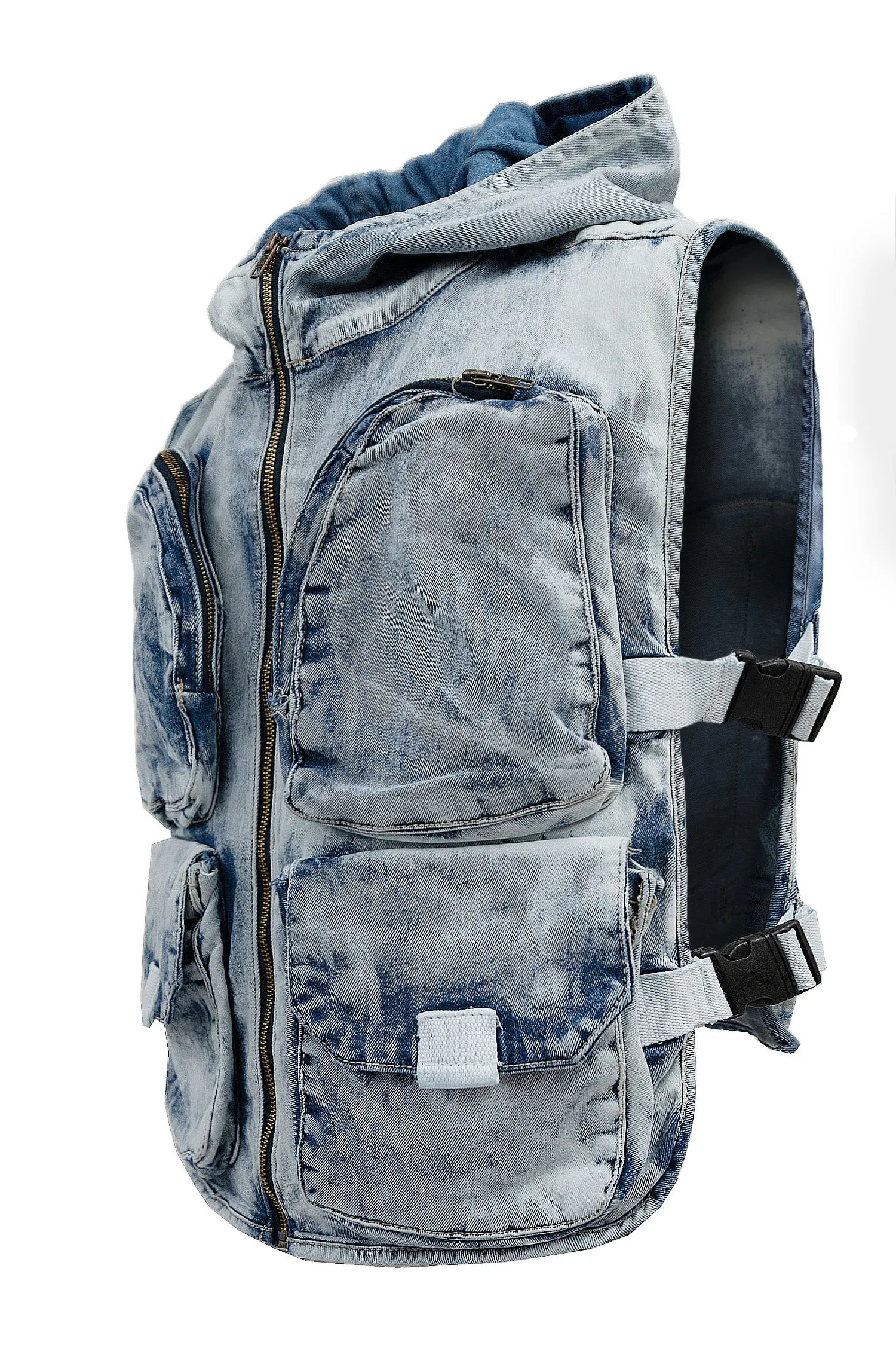 Men's Multi Pocket Backpack Denim Hooded Cargo Vest sold by G-Style USA product image thumbnail 2