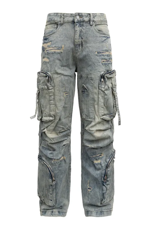 Y2K Washed Wide Fit utility Cargo Baggy Denim Pants made by G-Style USA