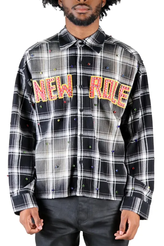 Long Sleeve Washed Flannel Crop Top Button Down Shirt With Rhinestone Embellishments made by G-Style USA
