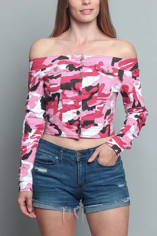 Colored Camo Off the Shoulder Shirt sold by G-Style USA