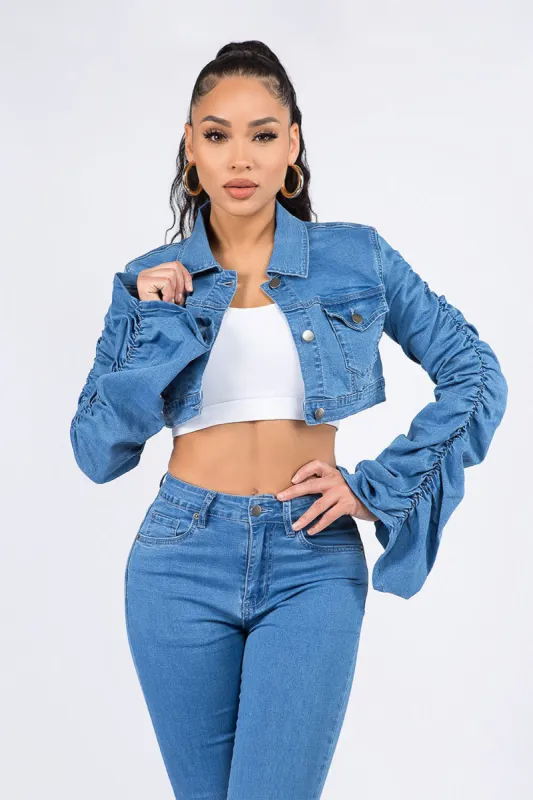Women's Scrunched Bungee Sleeve Cropped Denim Jacket sold by G-Style USA