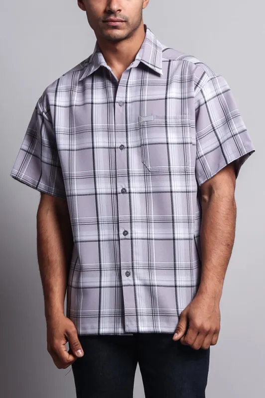Western Casual Plaid Short Sleeve Button Up Shirt (Grey) sold by G-Style USA
