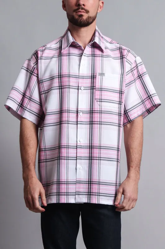 Western Casual Plaid Short Sleeve Button Up Shirt (White/Pink) sold by G-Style USA