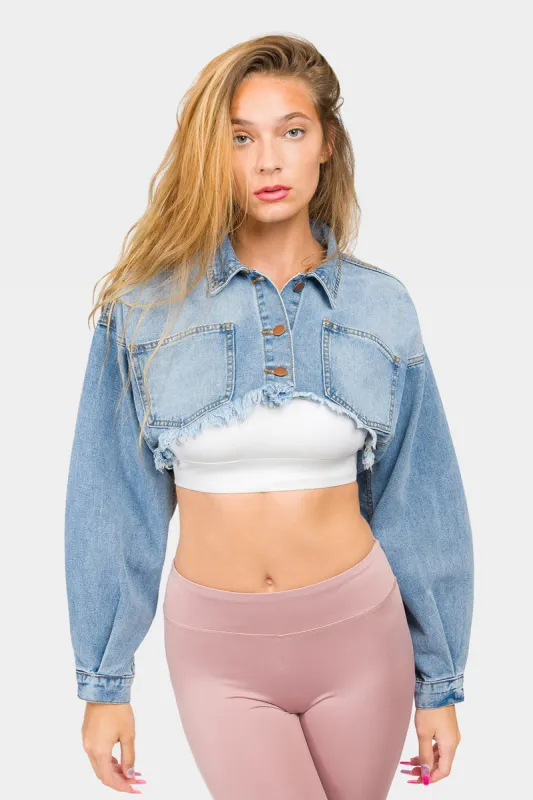 Cropped Backless Raw Hem Denim Jacket sold by G-Style USA