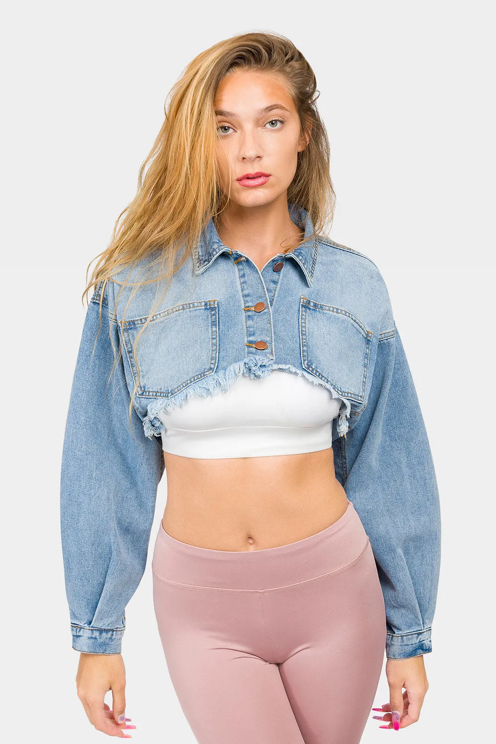 Cropped Backless Raw Hem Denim Jacket sold by G-Style USA