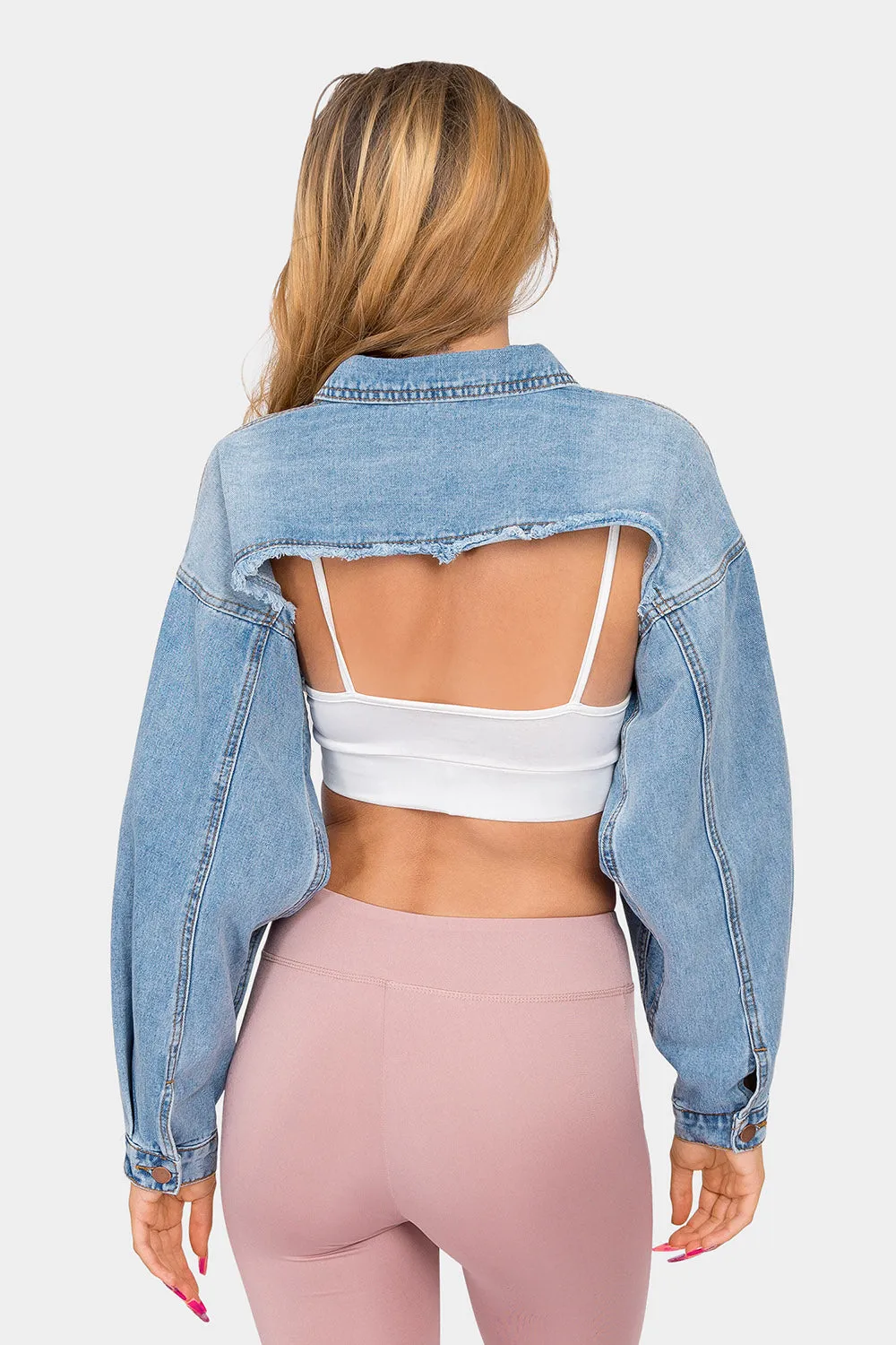 Cropped Backless Raw Hem Denim Jacket sold by G-Style USA product image thumbnail 3