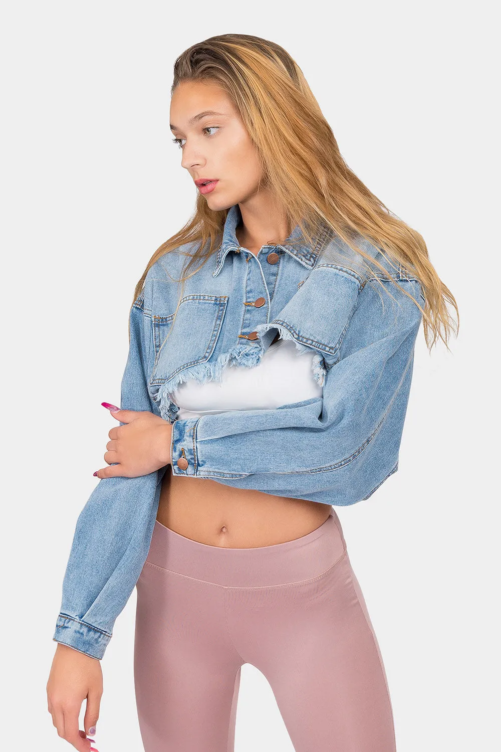 Cropped Backless Raw Hem Denim Jacket sold by G-Style USA product image thumbnail 2
