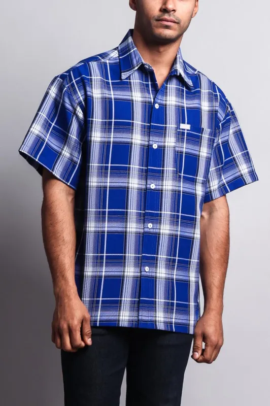Western Casual Plaid Short Sleeve Button Up Shirt (Royal) sold by G-Style USA