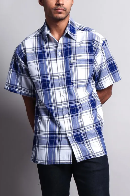 Western Casual Plaid Short Sleeve Button Up Shirt (White/Royal) sold by G-Style USA
