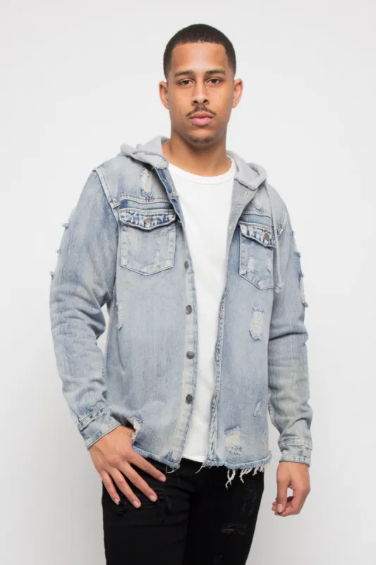 Hooded Distressed Denim Button Up Shirt sold by G-Style USA