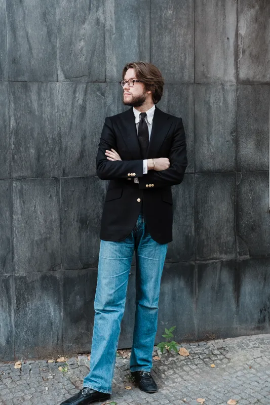 Jacket - Black flannel by Fox Brothers sold by Maximilian Mogg