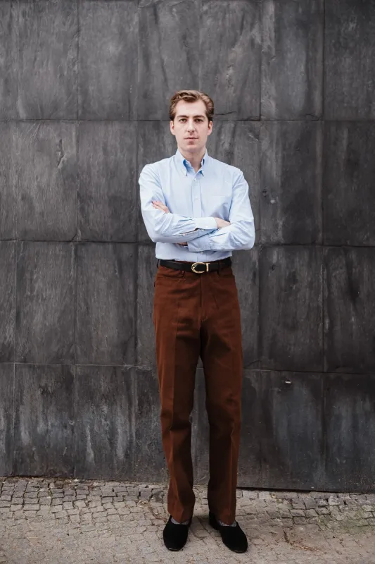 Chino - Reddish brown cotton twill sold by Maximilian Mogg