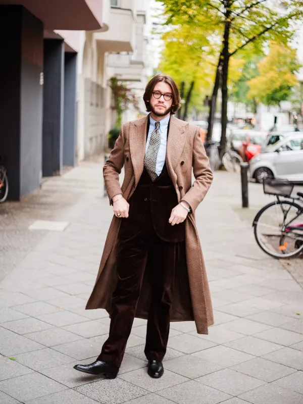 Overcoat - Brown-on-beige Glencheck by Dugdale  sold by Maximilian Mogg