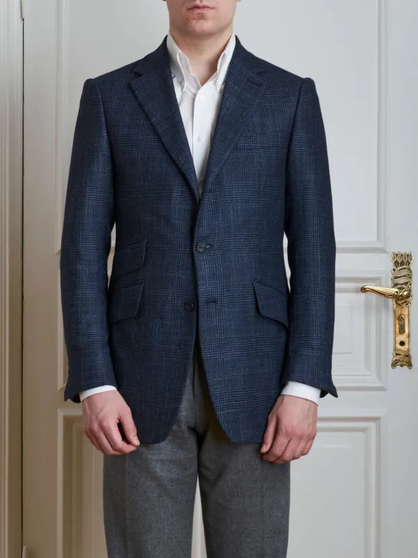Jacket - Navy glencheck wool-silk-cashmere blend made by Maximilian Mogg