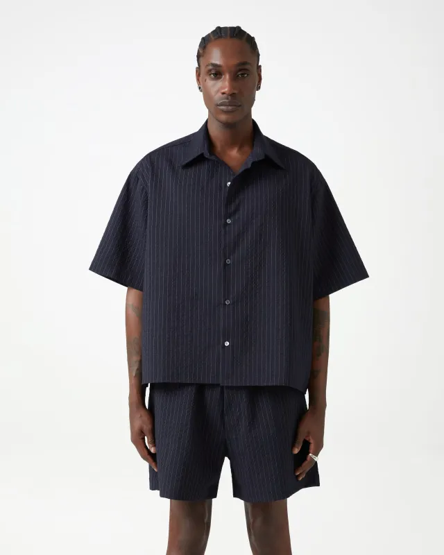 Grado Seersucker Shirt - Navy/Cream Pinstripe sold by Daniel Simmons