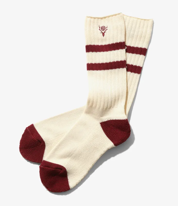 Ribbed Socks - Natural/Burgundy - Line / Skull&Target sold by South2West8