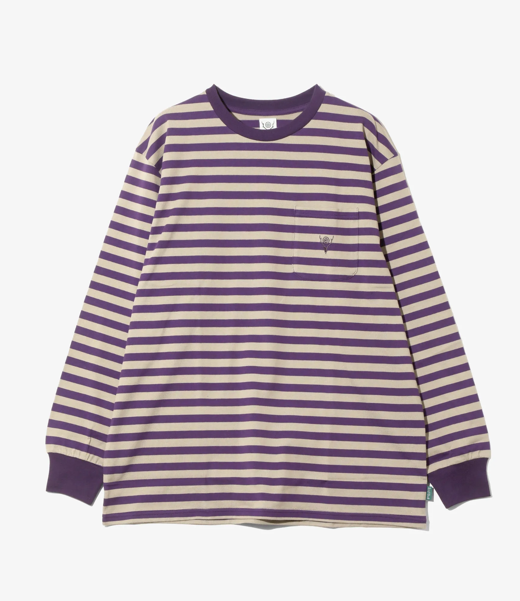 L/S Round Pocket Tee - Purple - Cotton Stripe Jersey sold by South2West8