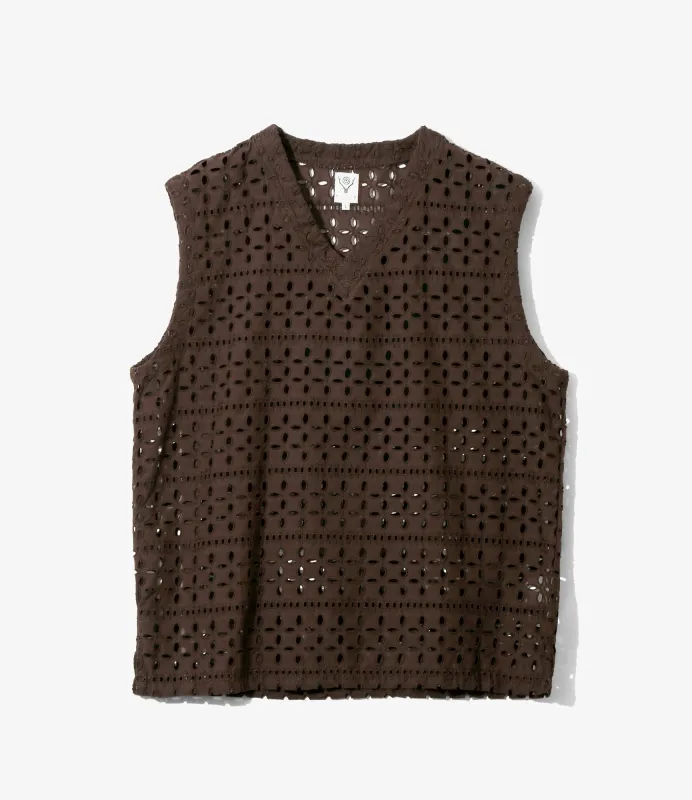 Women's Sleeveless V Neck Shirt - Dk.Brown - Cutwork Embroidery sold by South2West8