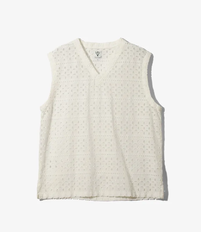 Women's Sleeveless V Neck Shirt - White - Cutwork Embroidery made by South2West8