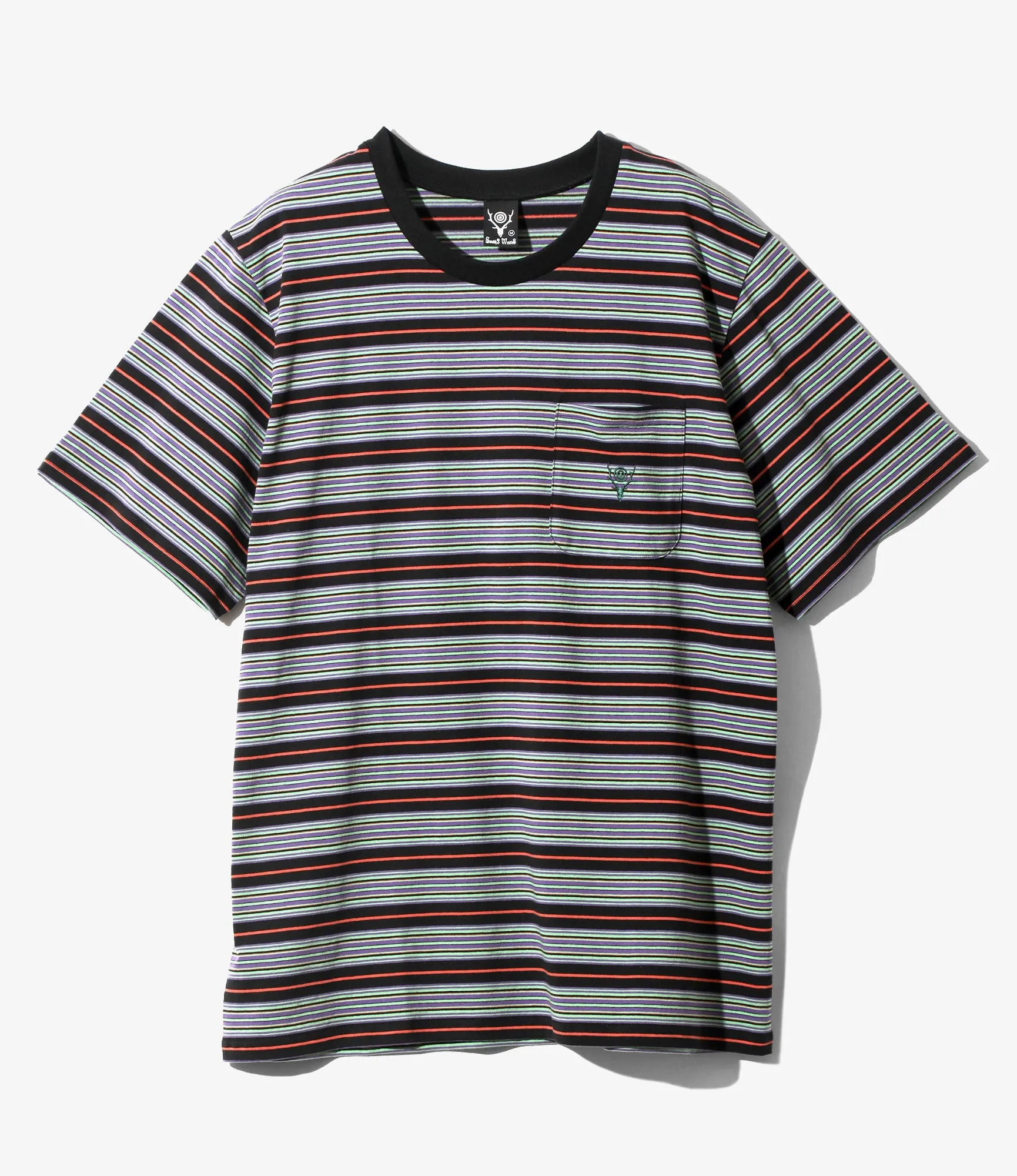 Women's S/S Round Pocket Tee - Black - Cotton Multi Wide Stripe Jersey sold by South2West8