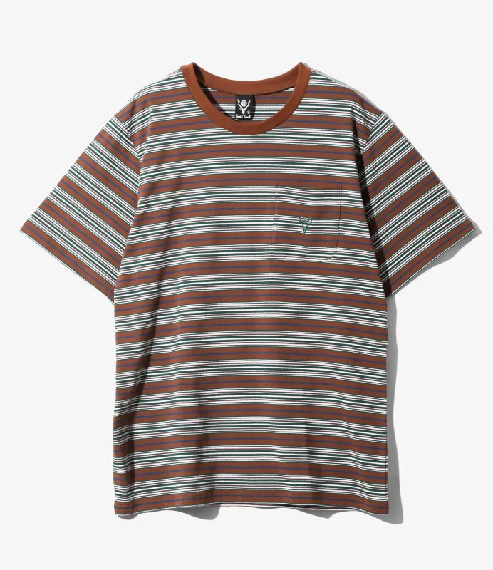 S/S Round Pocket Tee - Brown - Cotton Multi Wide Stripe Jersey made by South2West8