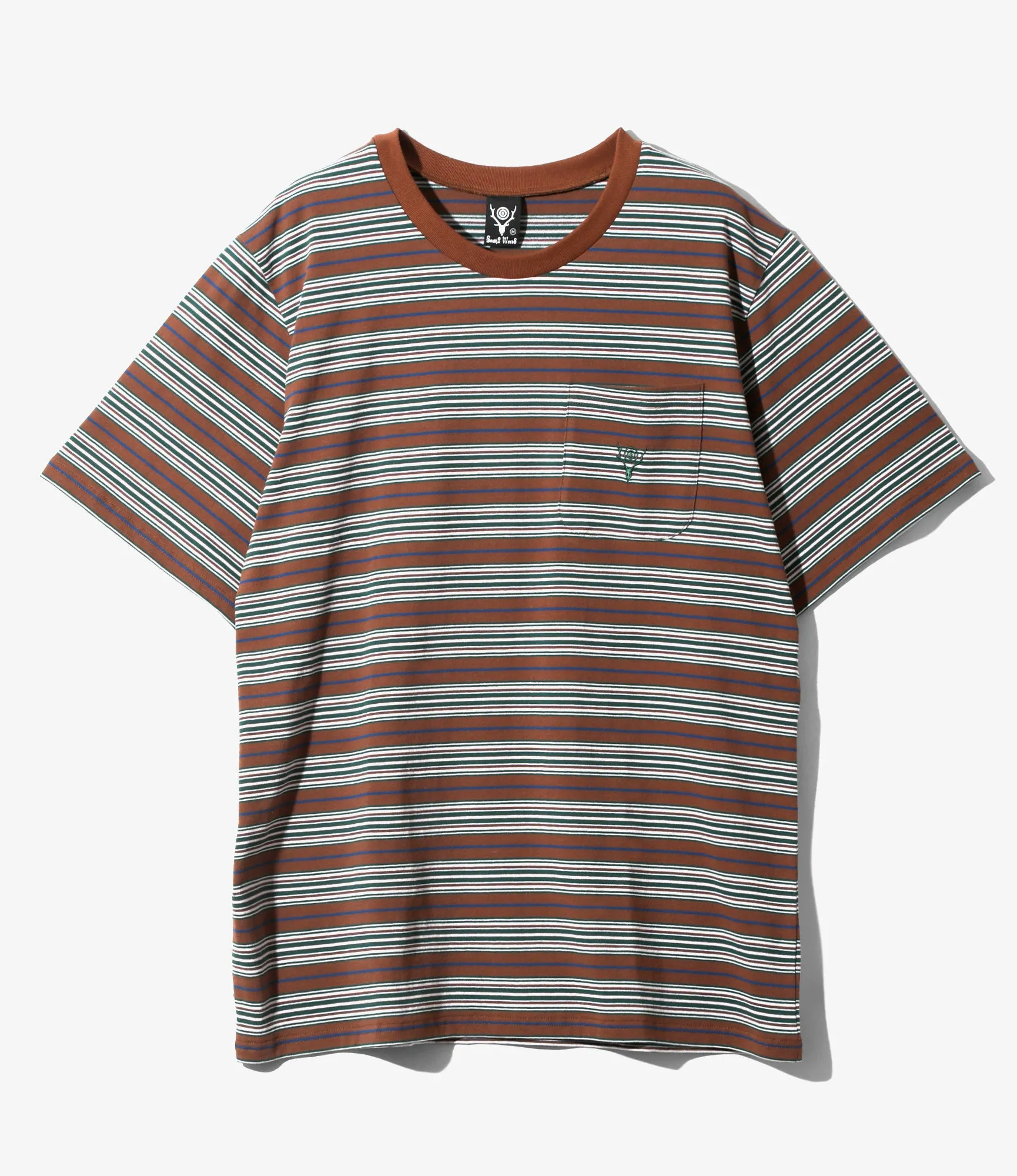 S/S Round Pocket Tee - Brown - Cotton Multi Wide Stripe Jersey sold by South2West8