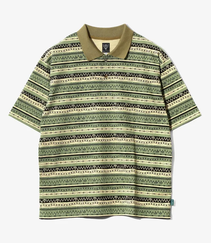 S/S Polo Shirt - Olive - Cotton Jersey / Stripe Printed made by South2West8