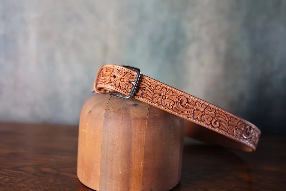 Texas Saddlery Hand Tooled Leather Tan Floral Belt made by Greeley Hat Works