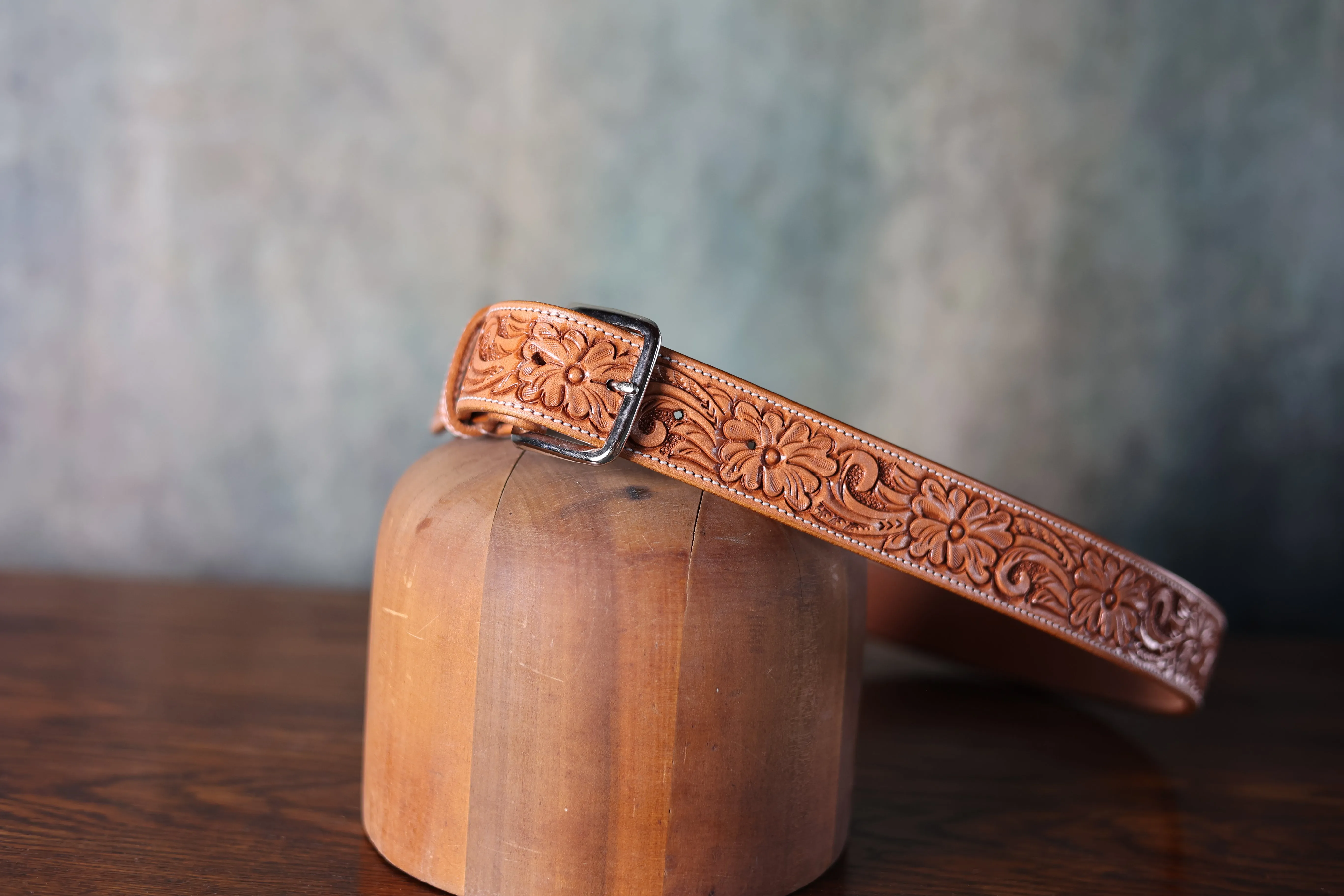 Texas Saddlery Hand Tooled Leather Tan Floral Belt sold by Greeley Hat Works