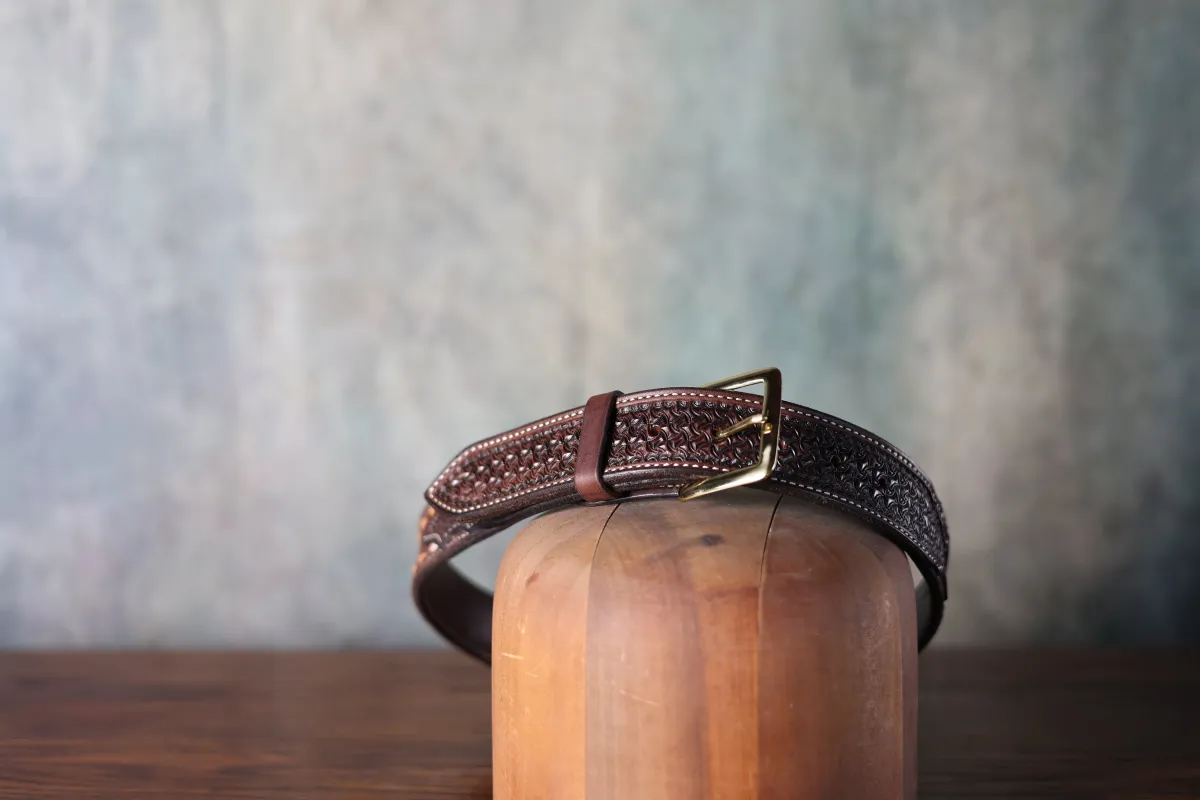 Texas Saddlery Hand Tooled Leather Chocolate Buckstitch Combo Belt made by Greeley Hat Works
