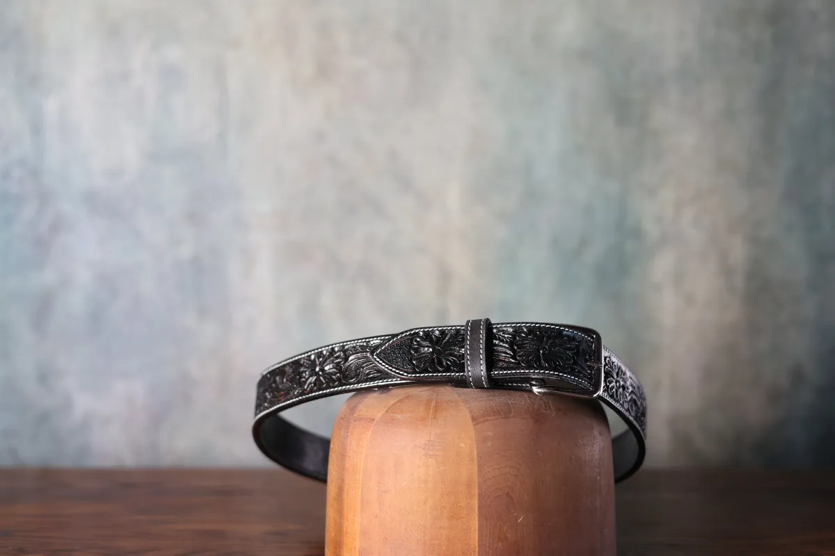 Texas Saddlery Hand Tooled Leather Black Floral Belt made by Greeley Hat Works