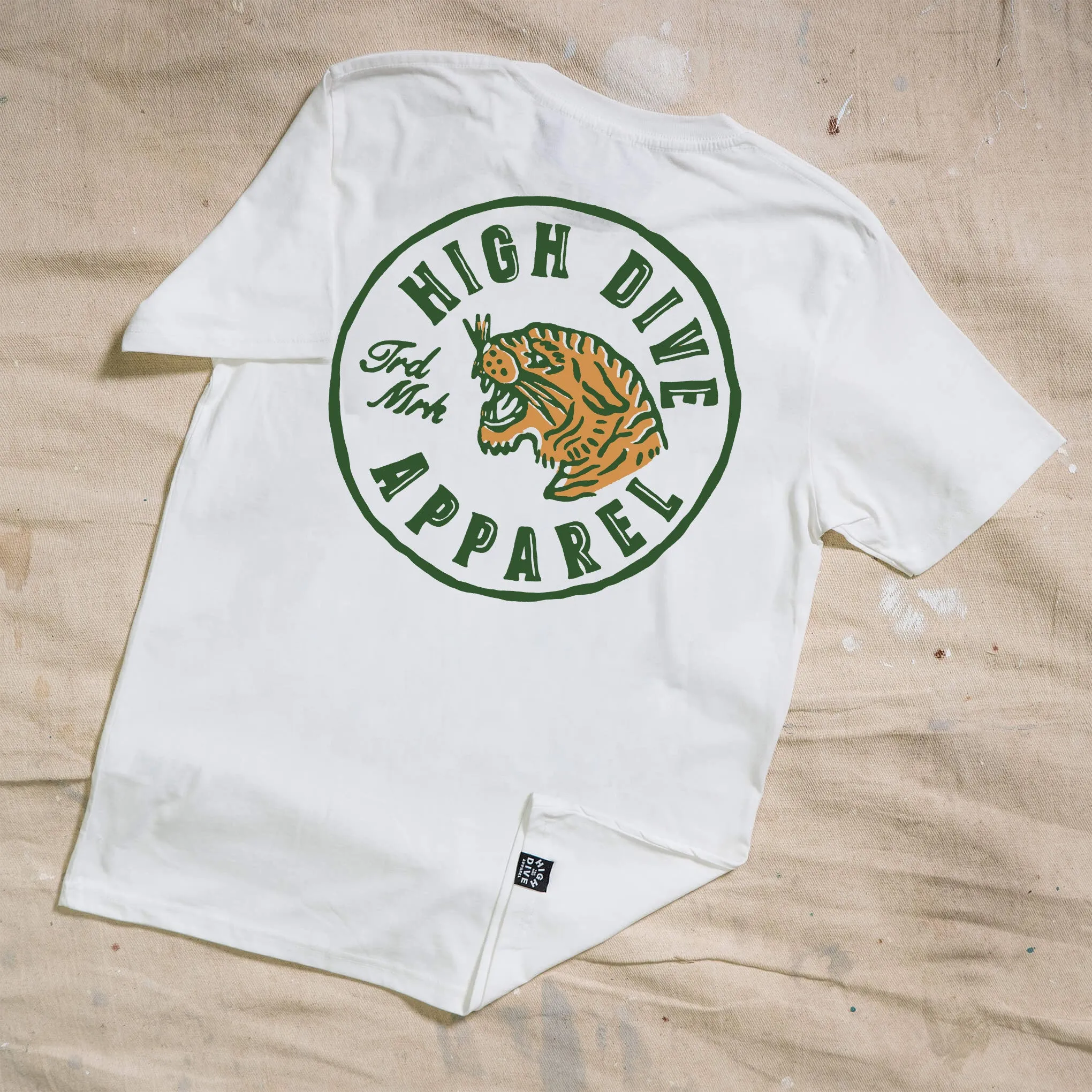 Tiger Circle White Tee sold by High Dive Apparel HDA