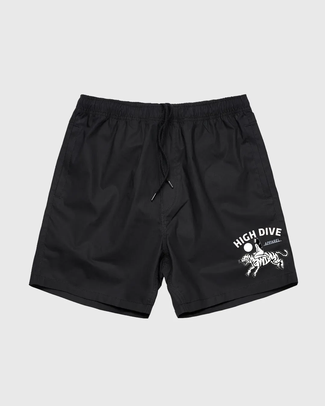 Tiger Rider Black Beach Shorts sold by High Dive Apparel HDA