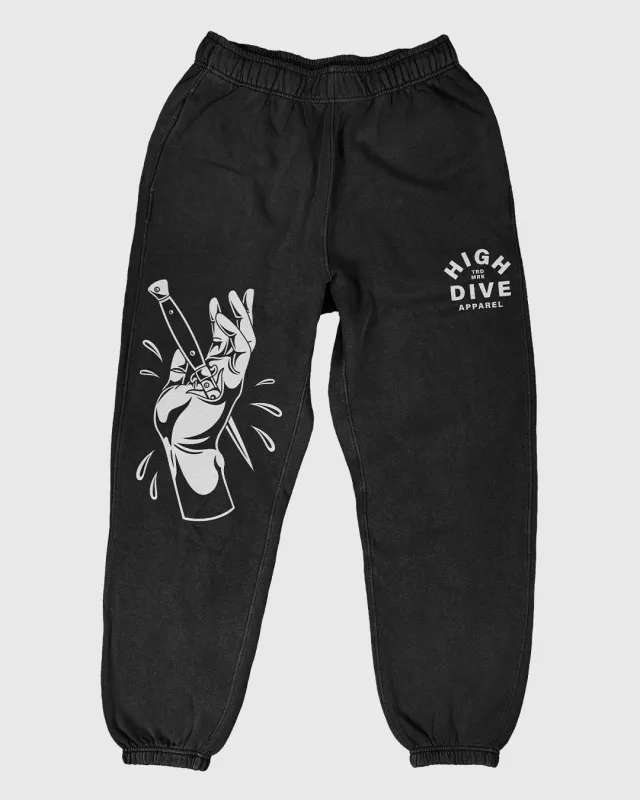 Stabbed Hand Relax Black Joggers made by High Dive Apparel HDA