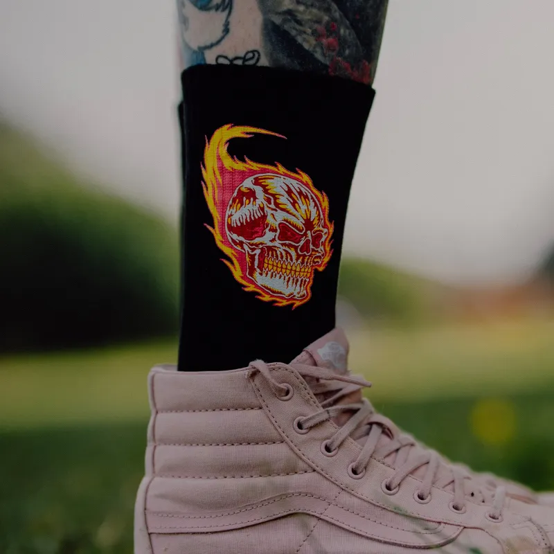 Flaming Skull Black Socks made by High Dive Apparel HDA