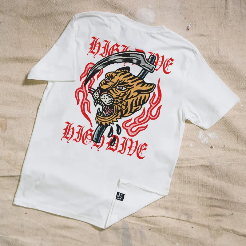 Tigers Scythe White Tee made by High Dive Apparel HDA